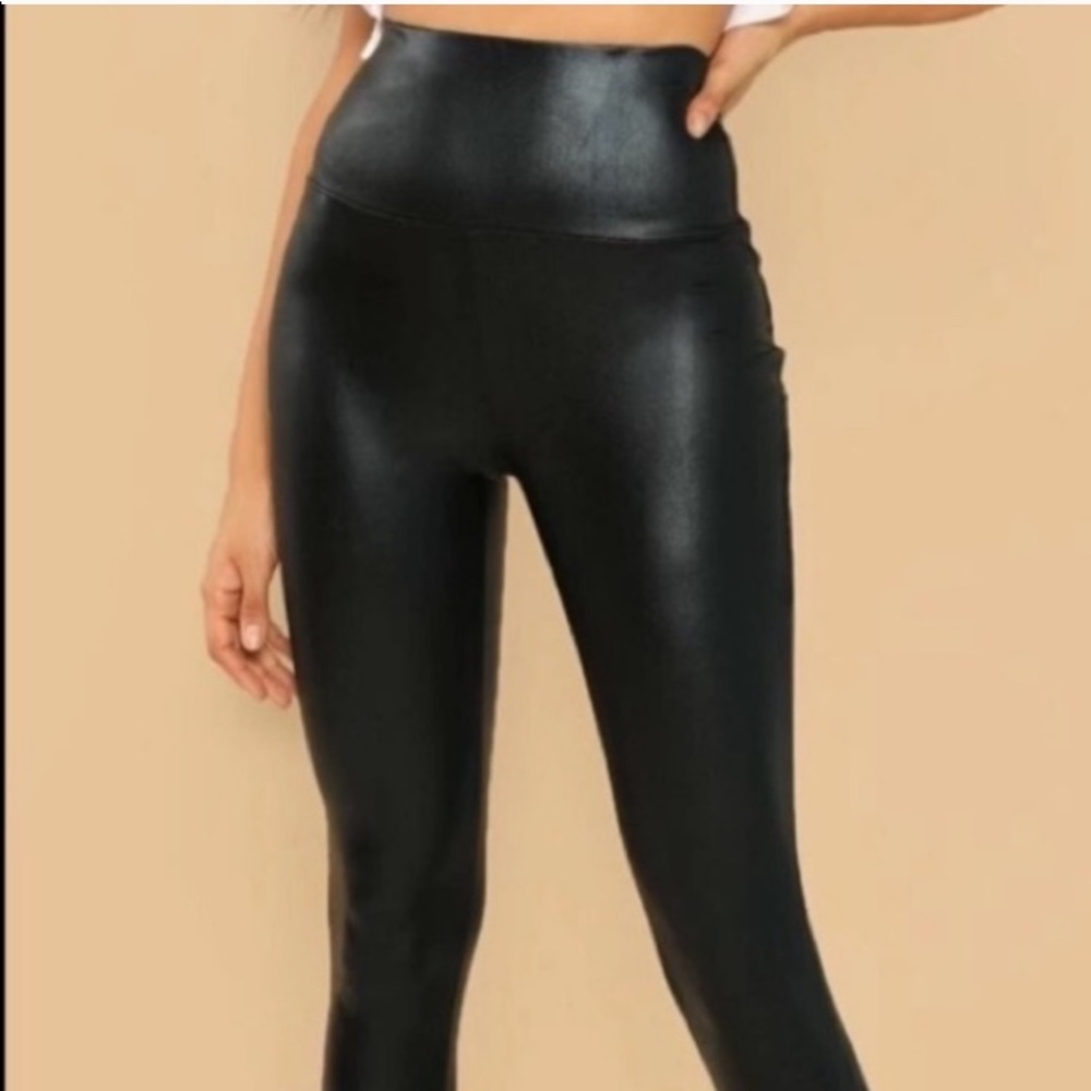 FAUX LEATHER HIGH WAIST LEGGINGS BLACK LARGE NEW